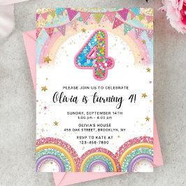 Editable Rainbow Sequin 4th Birthday Invitation 招待状