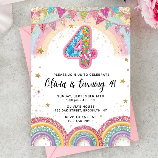 Editable Rainbow Sequin 4th Birthday Invitation 招待状