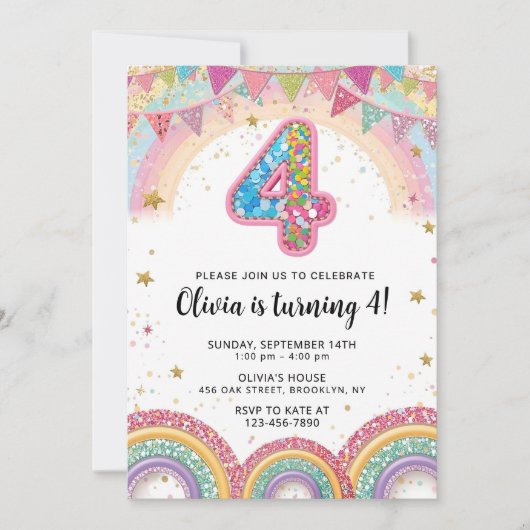 Editable Rainbow Sequin 4th Birthday Invitation 招待状 (正面)