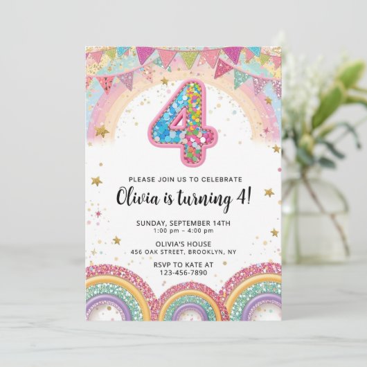 Editable Rainbow Sequin 4th Birthday Invitation 招待状 (スタンド正面)