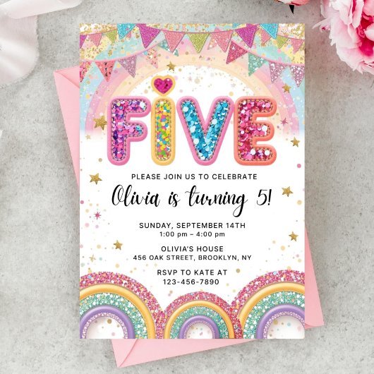 Editable Rainbow Sequin 5th Birthday Invitation 招待状