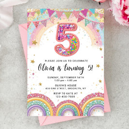 Editable Rainbow Sequin 5th Birthday Invitation 招待状