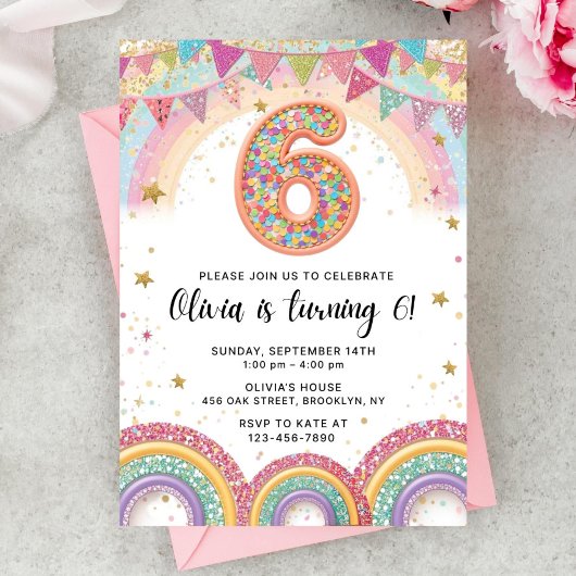 Editable Rainbow Sequin 6th Birthday Invitation 招待状