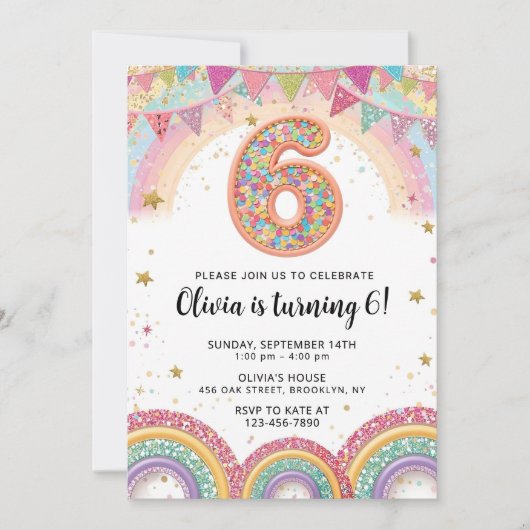 Editable Rainbow Sequin 6th Birthday Invitation 招待状 (正面)