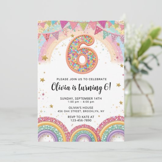 Editable Rainbow Sequin 6th Birthday Invitation 招待状 (スタンド正面)