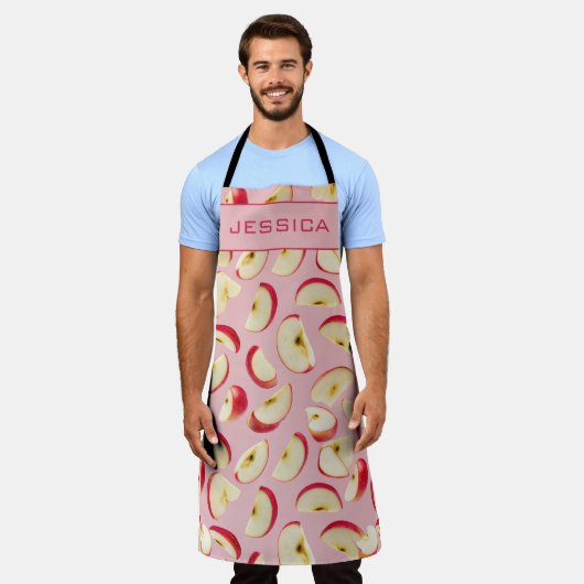 Editable Red Apple Slice Pattern Custom エプロン (着用した状態)