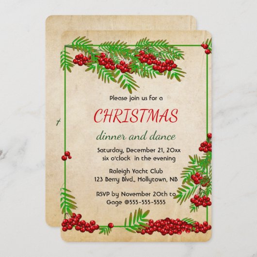 Editable Red Berries and Green Branches Christmas  招待状 (正面/裏面)