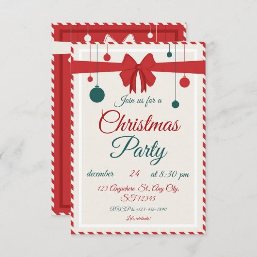 Editable Red Bow Holiday Gathering Invitation  招待状 (正面/裏面)
