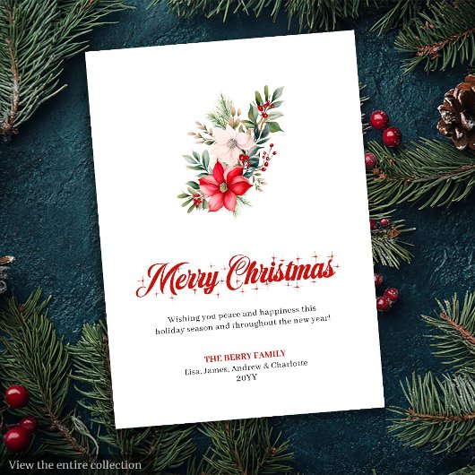 Editable Red Poinsettia Vintage Greeting Card シーズンカード