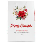 Editable Red Poinsettia Vintage Style Gift Bag ミディアムペーパーバッグ (正面)