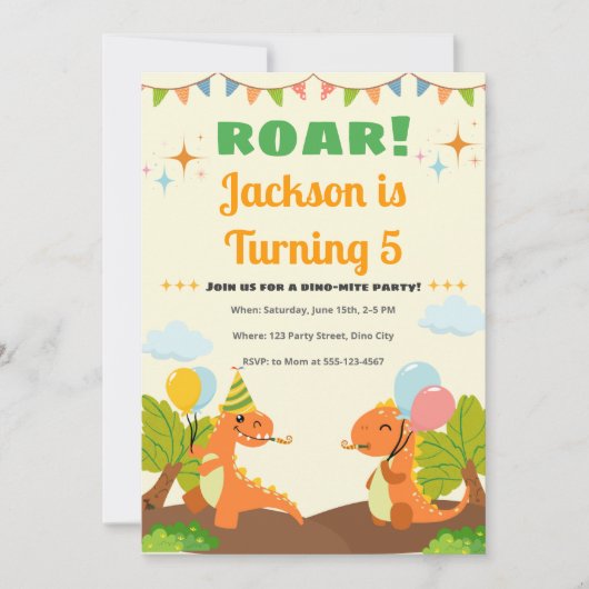 Editable Roarsome Dinosaur Birthday Invitation 招待状 (正面)