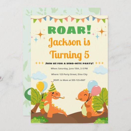 Editable Roarsome Dinosaur Birthday Invitation 招待状 (正面/裏面)