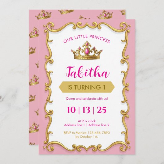 Editable Royal Ball Princess Birthday Invites 招待状 (正面/裏面)