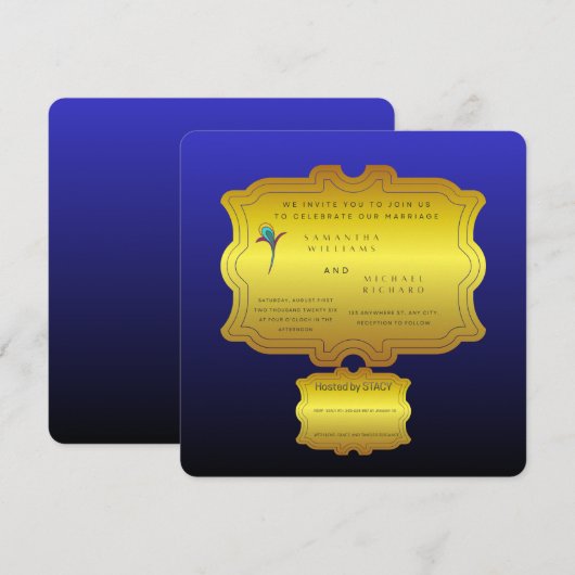 Editable Royal Blue Elegant Wedding Invite | Custo 招待状 (正面/裏面)