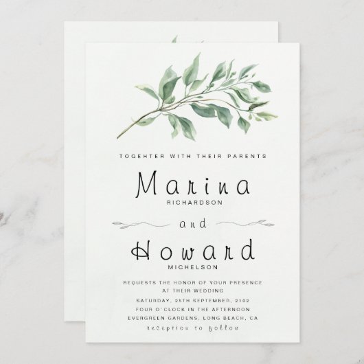 Editable Sage Green Botanical Wedding Invitation  招待状 (正面/裏面)