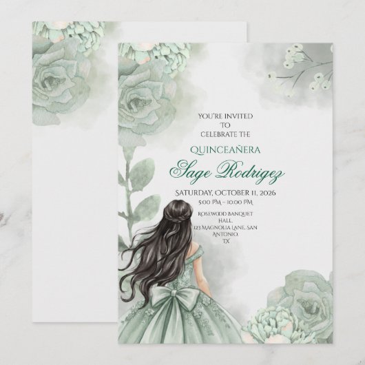 Editable Sage Green Quinceaneraへの招待 招待状 (正面/裏面)
