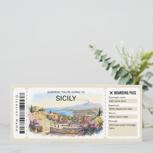 Editable Sicily Trip Boarding Pass Ticket 招待状 (スタンド正面)
