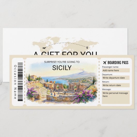 Editable Sicily Trip Boarding Pass Ticket 招待状 (正面/裏面)