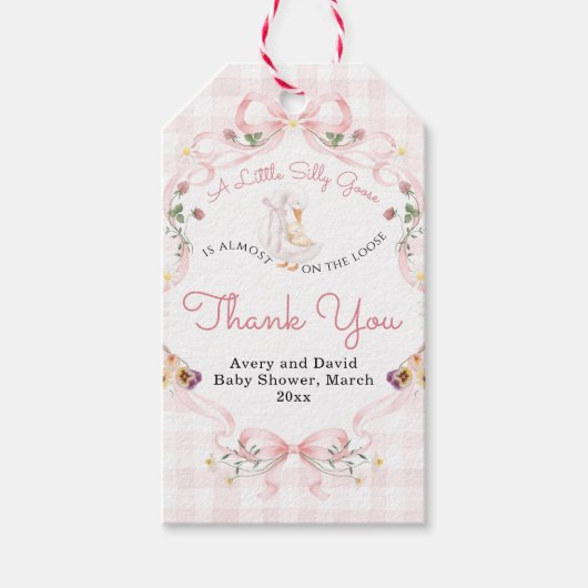 Editable Silly Goose Baby Shower Pink Bow ギフトタグ (正面)