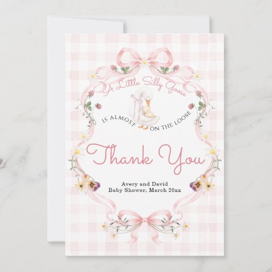 Editable Silly Goose Baby Shower Pink Bow サンキューカード (正面)