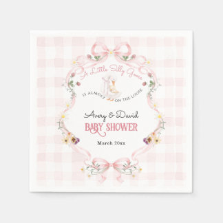 Editable Silly Goose Baby Shower Pink Bow スタンダードカクテルナプキン