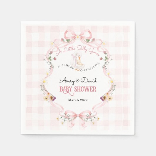 Editable Silly Goose Baby Shower Pink Bow スタンダードカクテルナプキン (正面)
