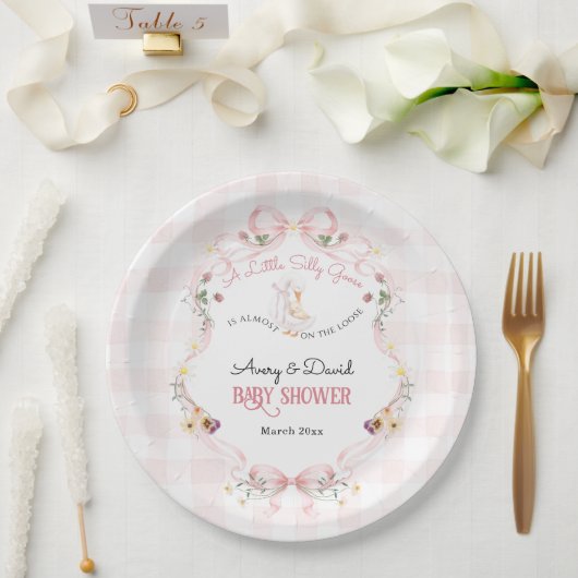 Editable Silly Goose Baby Shower Pink Bow ペーパープレート (ウェディング)