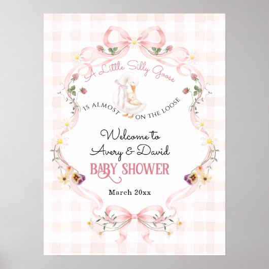 Editable Silly Goose Baby Shower Pink Bow ポスター (正面)