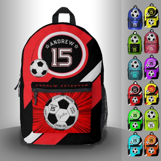 Editable Soccer Ball Modern Red Milestone プリントバックパック