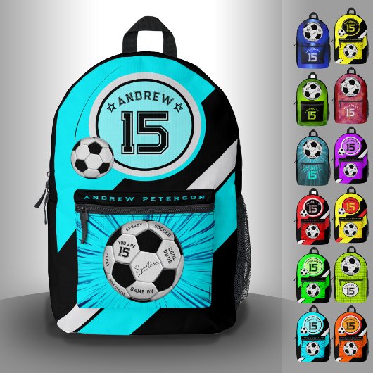 Editable Soccer Ball Modern Teal Blue Milestone プリントバックパック