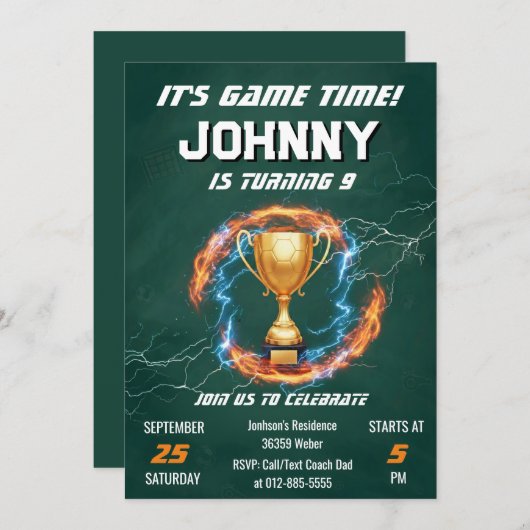 Editable Soccer Birthday Party Invitation 招待状 (正面/裏面)