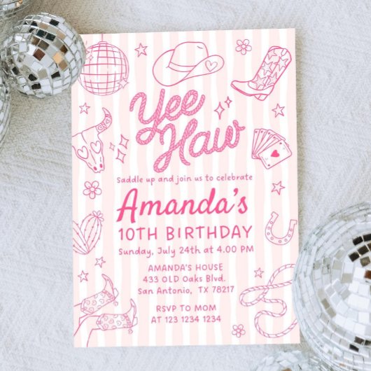 Editable Space Cowgirl Birthday Invitation, Disco  招待状