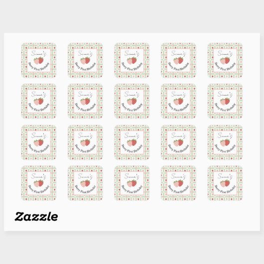 Editable Square Strawberry Gingham 1st Birthday  スクエアシール (シート)