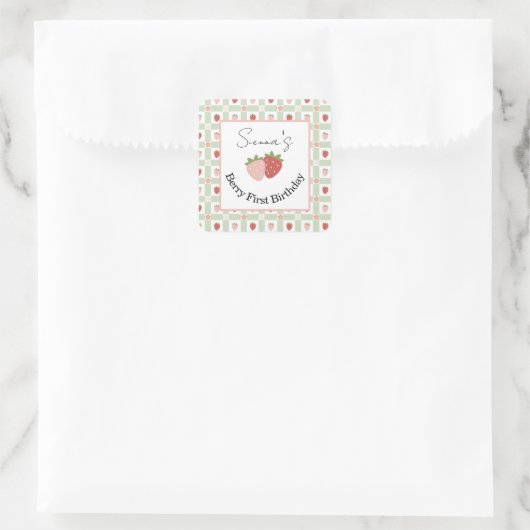 Editable Square Strawberry Gingham 1st Birthday  スクエアシール (バッグ)