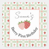 Editable Square Strawberry Gingham 1st Birthday  スクエアシール (正面)