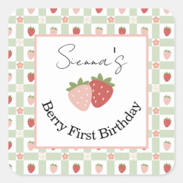 Editable Square Strawberry Gingham 1st Birthday スクエアシール