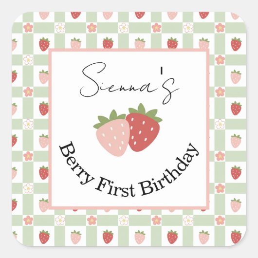 Editable Square Strawberry Gingham 1st Birthday スクエアシール (正面)
