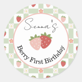 Editable Strawberry Gingham 1st Birthday Favor ラウンドシール