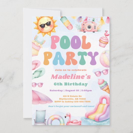 Editable Summer Pool Party Birthday Party  招待状 (正面)