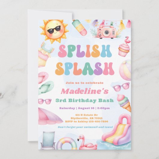 Editable Summer Splish Splash 3rd Birthday Party  招待状 (正面)