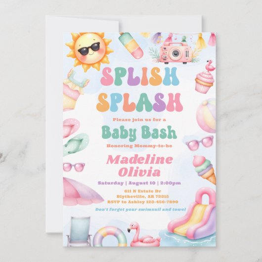 Editable Summer Splish Splash Baby Shower Party  招待状 (正面)