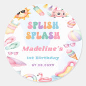 Editable Summer Splish Splash Birthday Party ラウンドシール (正面)