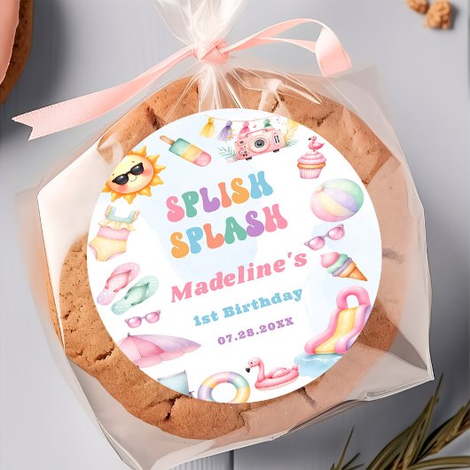 Editable Summer Splish Splash Birthday Party ラウンドシール