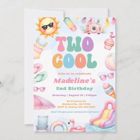 Editable Summer Two Cool 2nd Birthday Party 招待状 (正面)