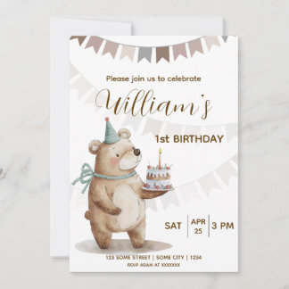 Editable Teddy Bear First Birthday Invitation  招待状