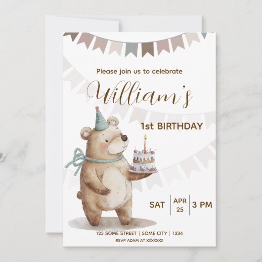 Editable Teddy Bear First Birthday Invitation  招待状 (正面)