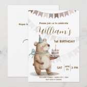 Editable Teddy Bear First Birthday Invitation  招待状 (正面/裏面)