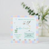 Editable Teddy Bear & Stork Blue Plaid Baby Shower 招待状 (スタンド正面)