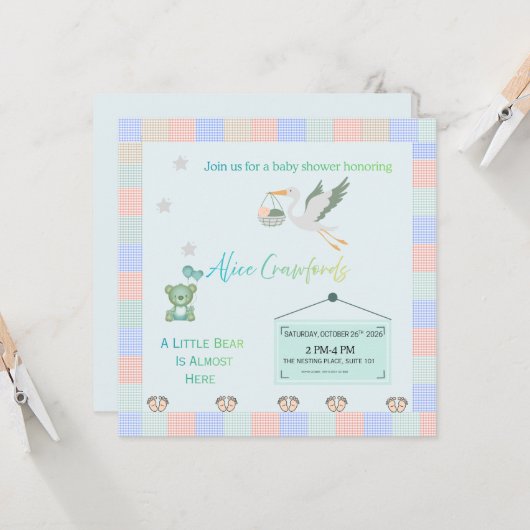 Editable Teddy Bear & Stork Blue Plaid Baby Shower 招待状 (正面/裏面インサイチュ)