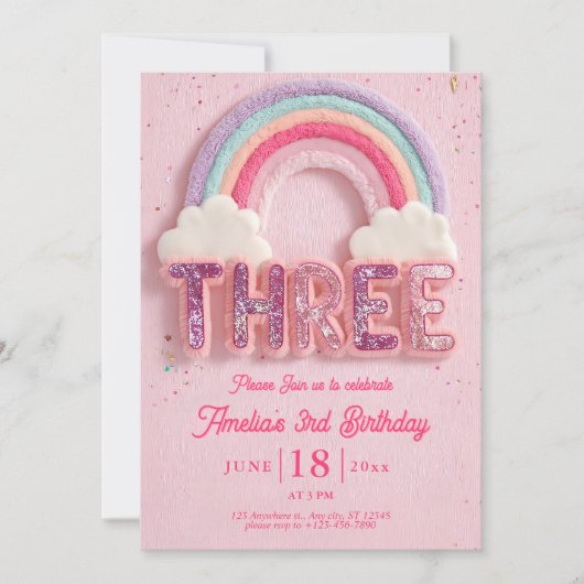 Editable Third Birthday Invitation, Pink colorful  招待状 (正面)